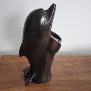Vintage dark Ironwood carved dolphin vase planter figurine sculpture